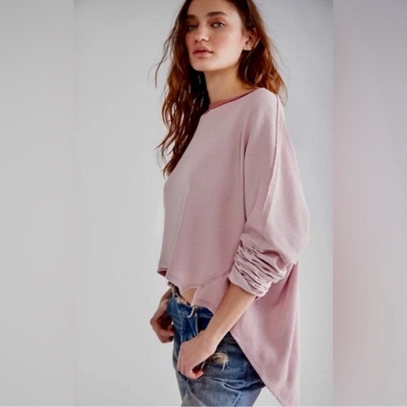 We The Free Jayson Ringer Pink Long Sleeve Thermal Waffle Knit Tee - Picture 1 of 9